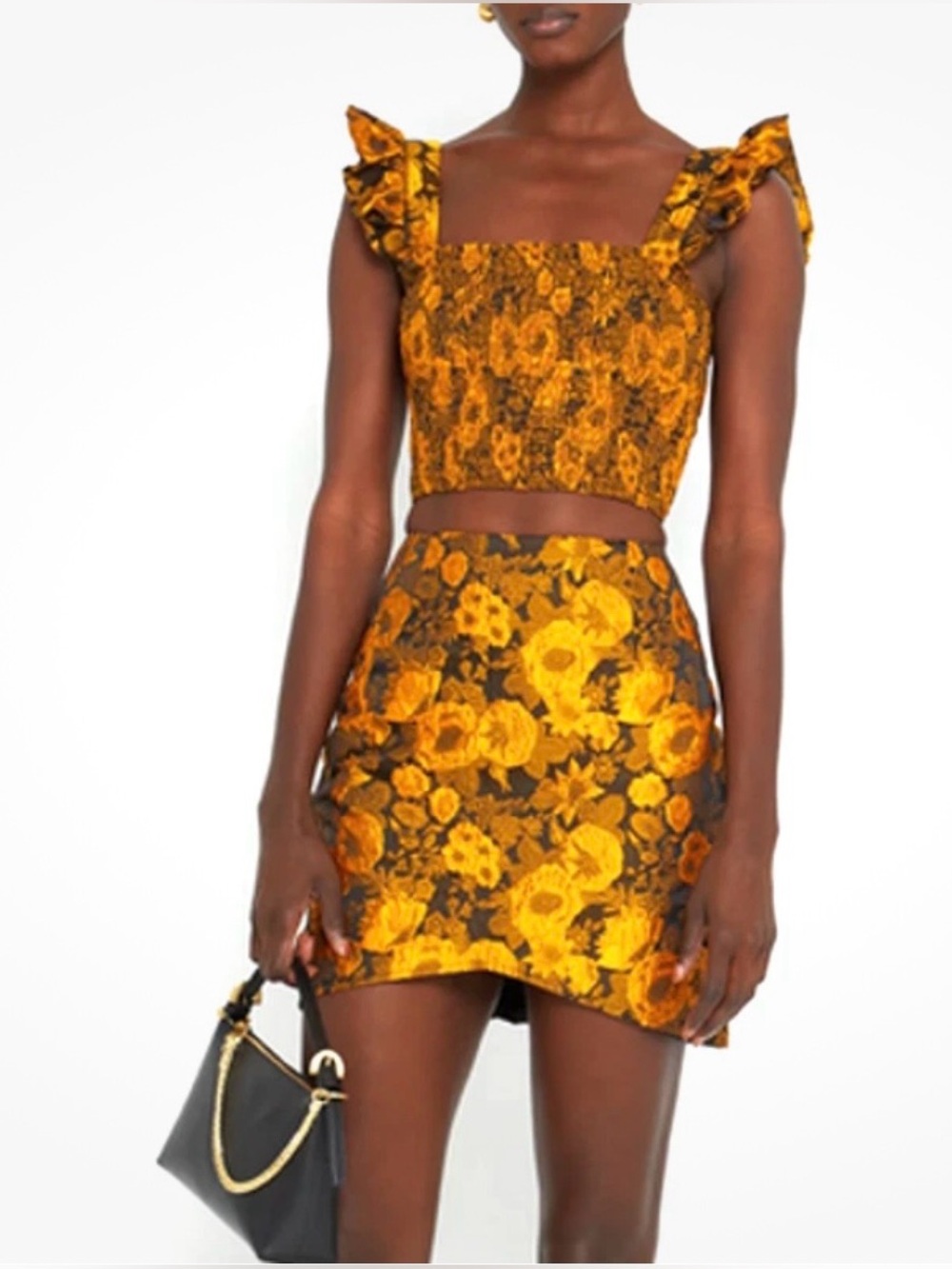 New KOURT Tala Floral Gold Brocade Ruffle Smocked Crop Top and Skirt-NWT